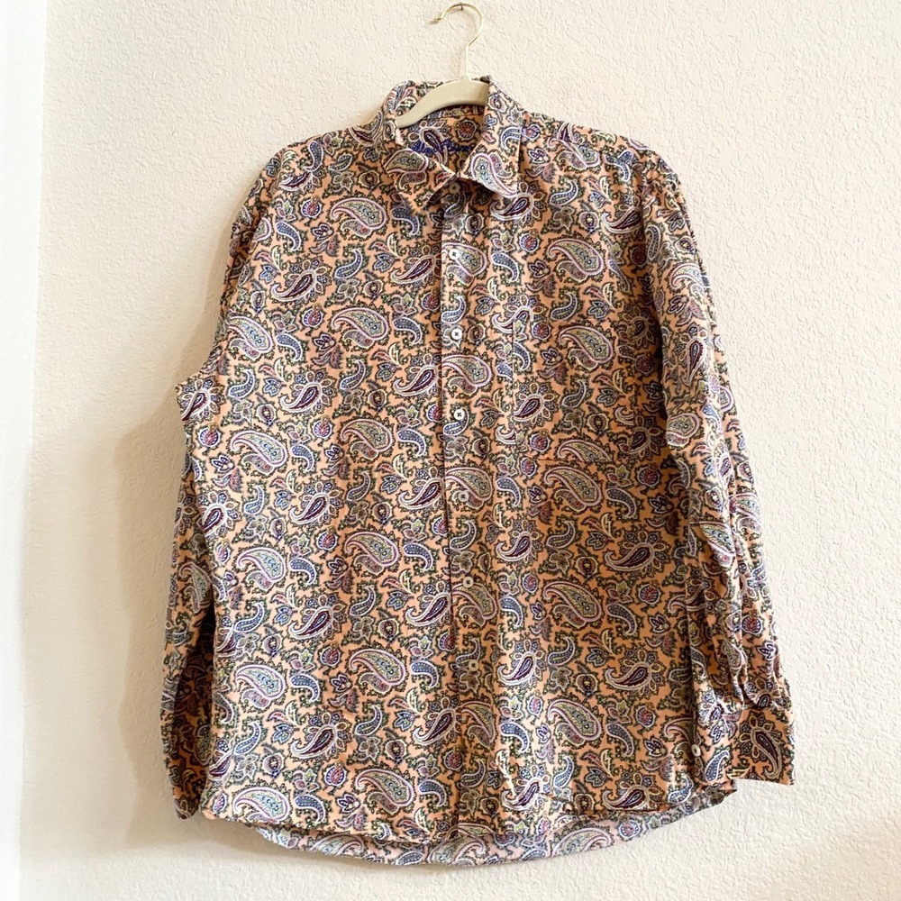 Alan Flusser Mens Peach Paisley Print Button Down Shirt Long Sleeve L Cotton‎